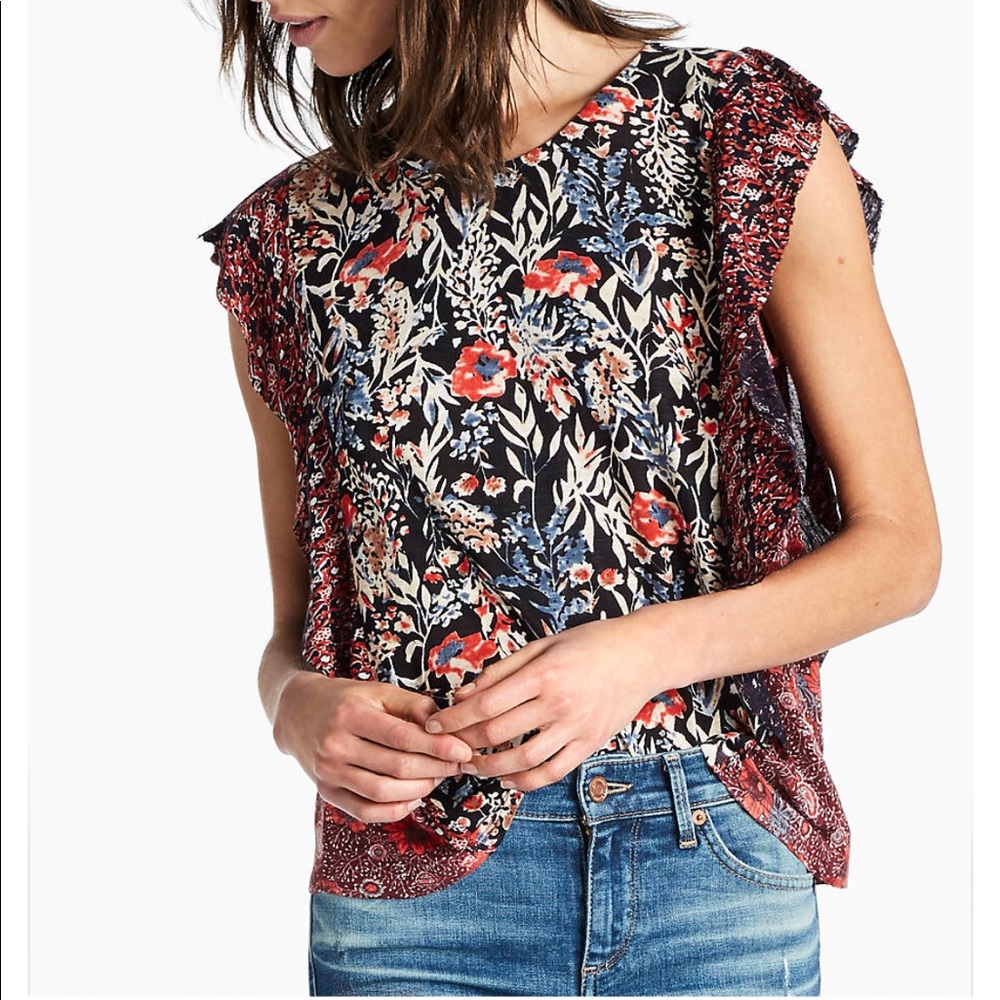 Lucky Brand Black Floral Print Ruffle Sleeve Blouse